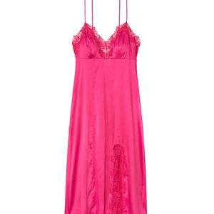 Victoria's Secret Pink Satin Floral Embroidered Trim Midi Slip